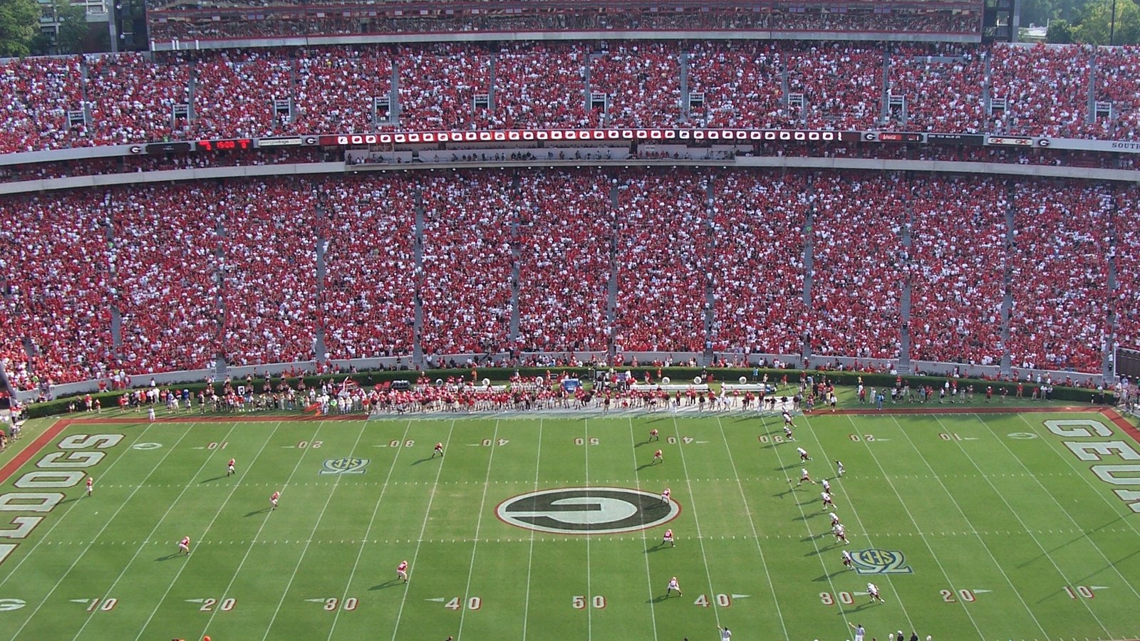 Kickoff during the 2007 Georgia–South Carolina football game at a packed Sanford Stadium in Athens