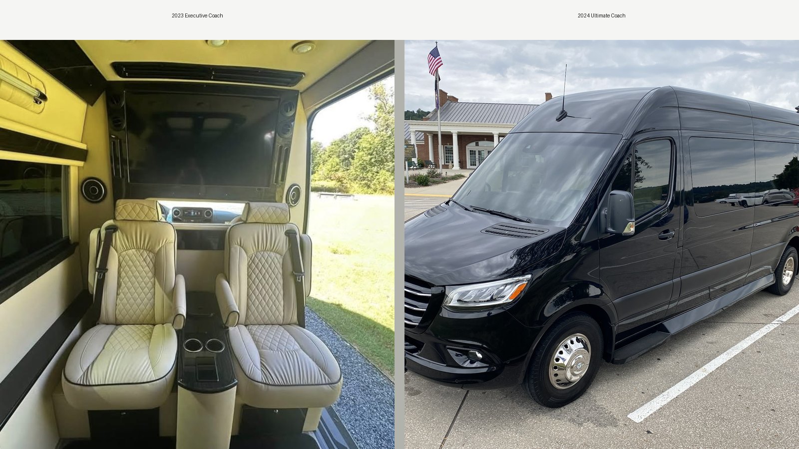 Side-by-side views of Dufourfun’s 2023 Executive Coach interior and 2024 Ultimate Coach exterior.