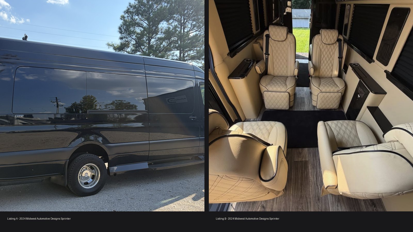 Side-by-side photos of two current Dufourfun Midwest Automotive Designs Sprinter listings, one exterior profile and one quilted-leather interior, labeled Listing A and Listing B.