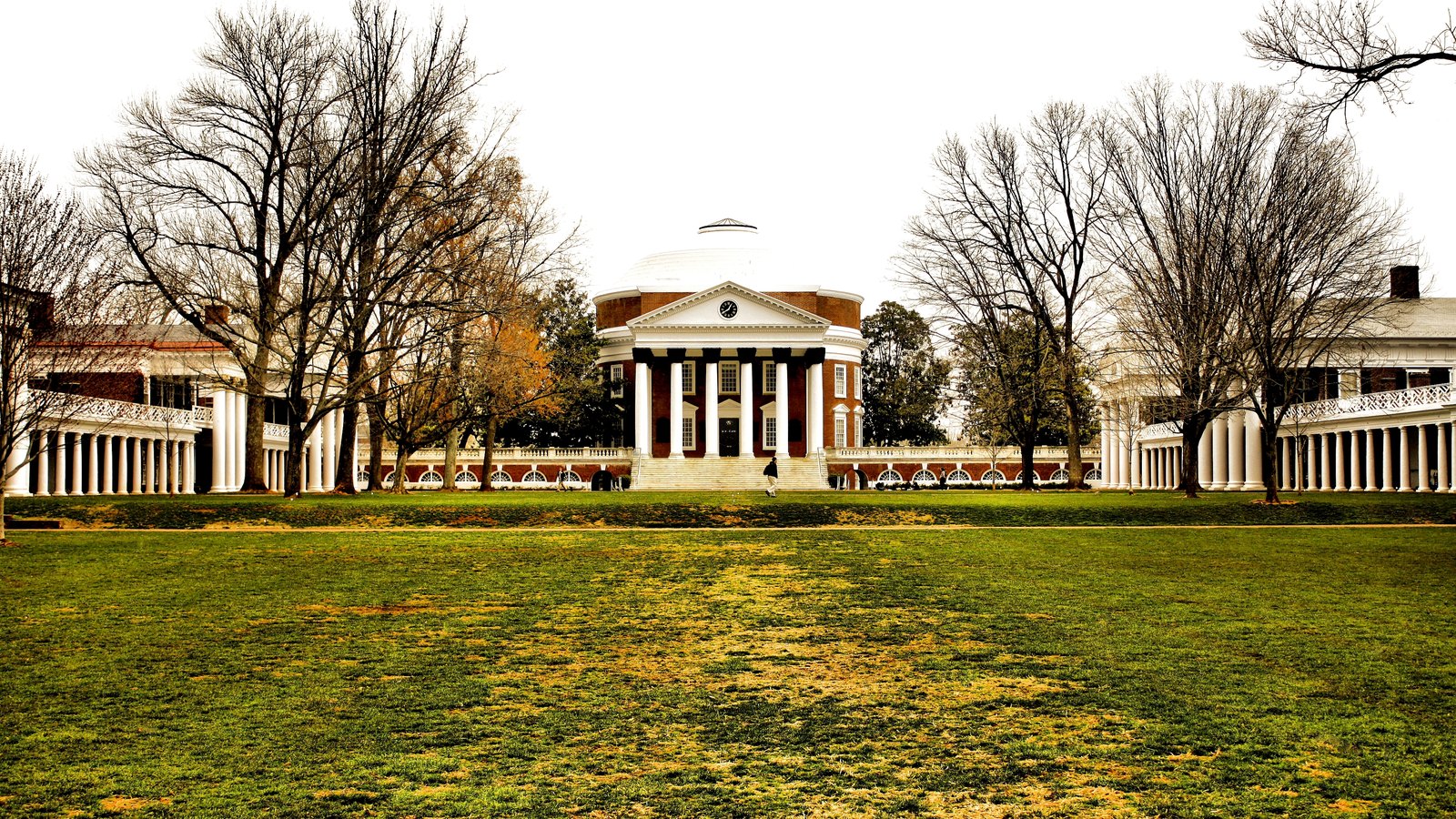The Rotunda and Lawn at the University of Virginia in Charlottesville, framed by bare winter trees and colonnaded pavilions.