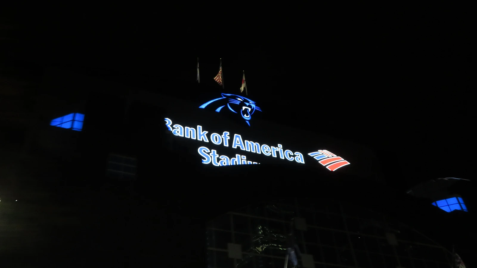 Bank of America Stadium illuminated at night in Charlotte, North Carolina